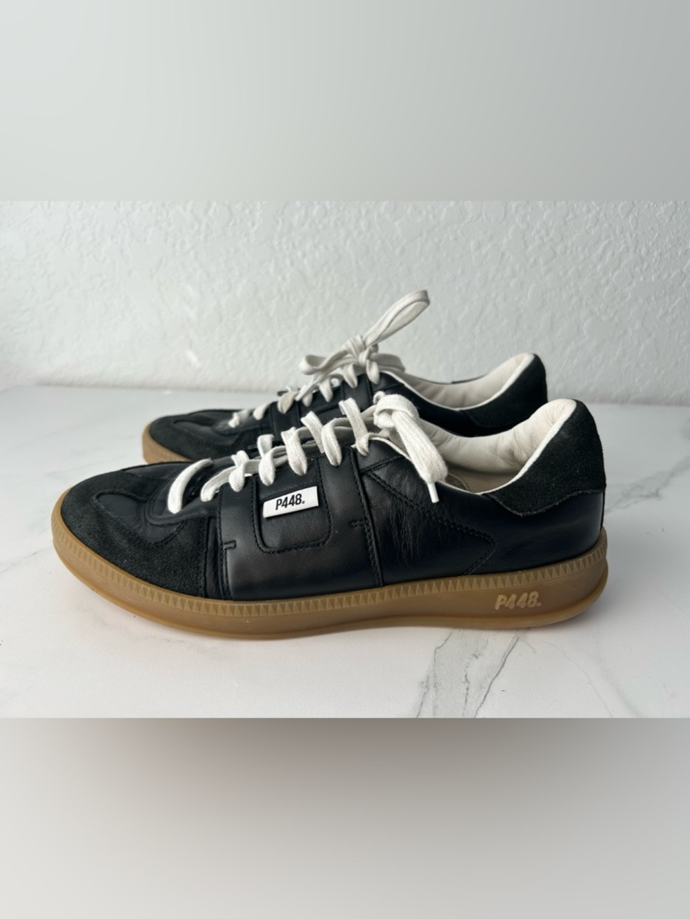 P448 Black Leather & White Lace Low-Top Sneakers with Gum Sole